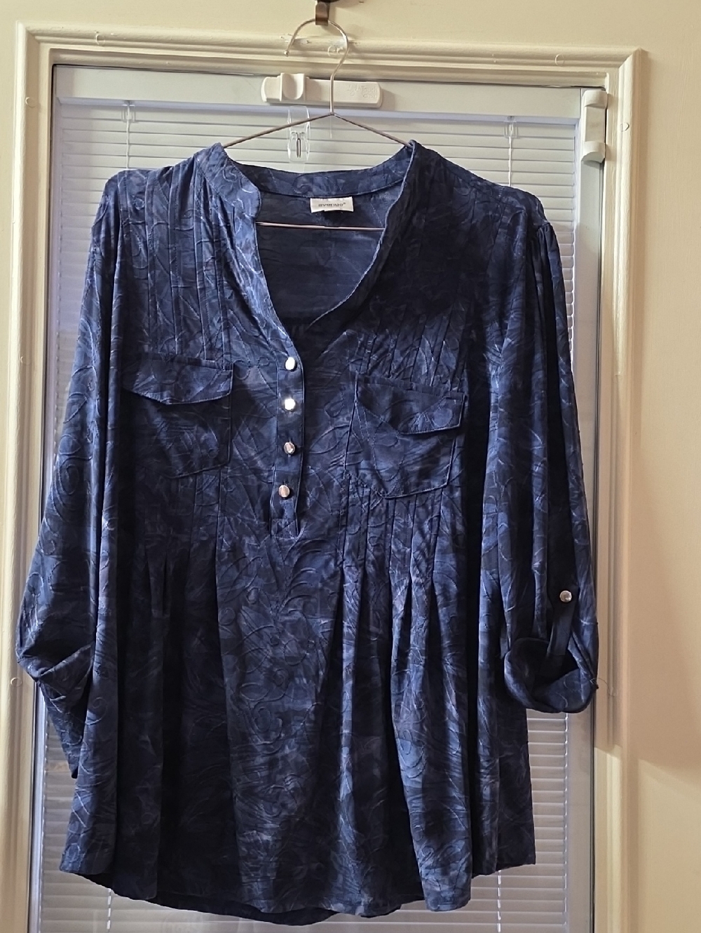Avenue Navy Button-Front Tunic with Pleated Hem